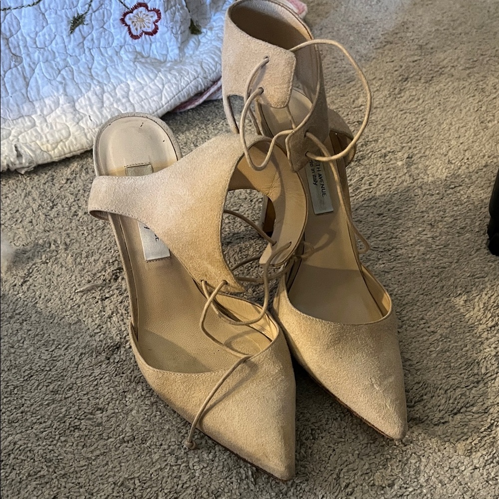 Saks Fifth Avenue Tan Lace-Up Suede Heels